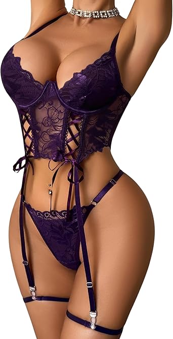 Avidlove Lingerie Sets for Women Sexy 4 Piece Garter Lace Corset and Panty | Underwire Support, Sheer Mesh Fabric, Strappy Cage Design, Adjustable Garters, Match with Jeans, XS-XXL for Curvy Fit
