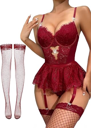 Lilosy Sexy Lingerie Set 3 Piece Women Corset Bodysuit Skirt | Rhinestone Heart Stocking Garter Plus Size Underwire Mesh Sheer Lace Push Up Babydoll Halloween Christmas Valentine's Bridal